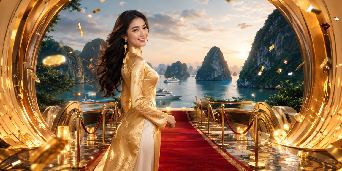 Người dùng mặc áo dài tại Vịnh Hạ Long tham gia casino trực tuyến trên di động